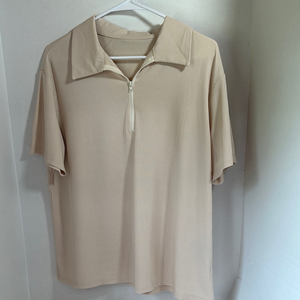 SHEIN curve 0x oatmeal cream ribbed short sleeve top collared